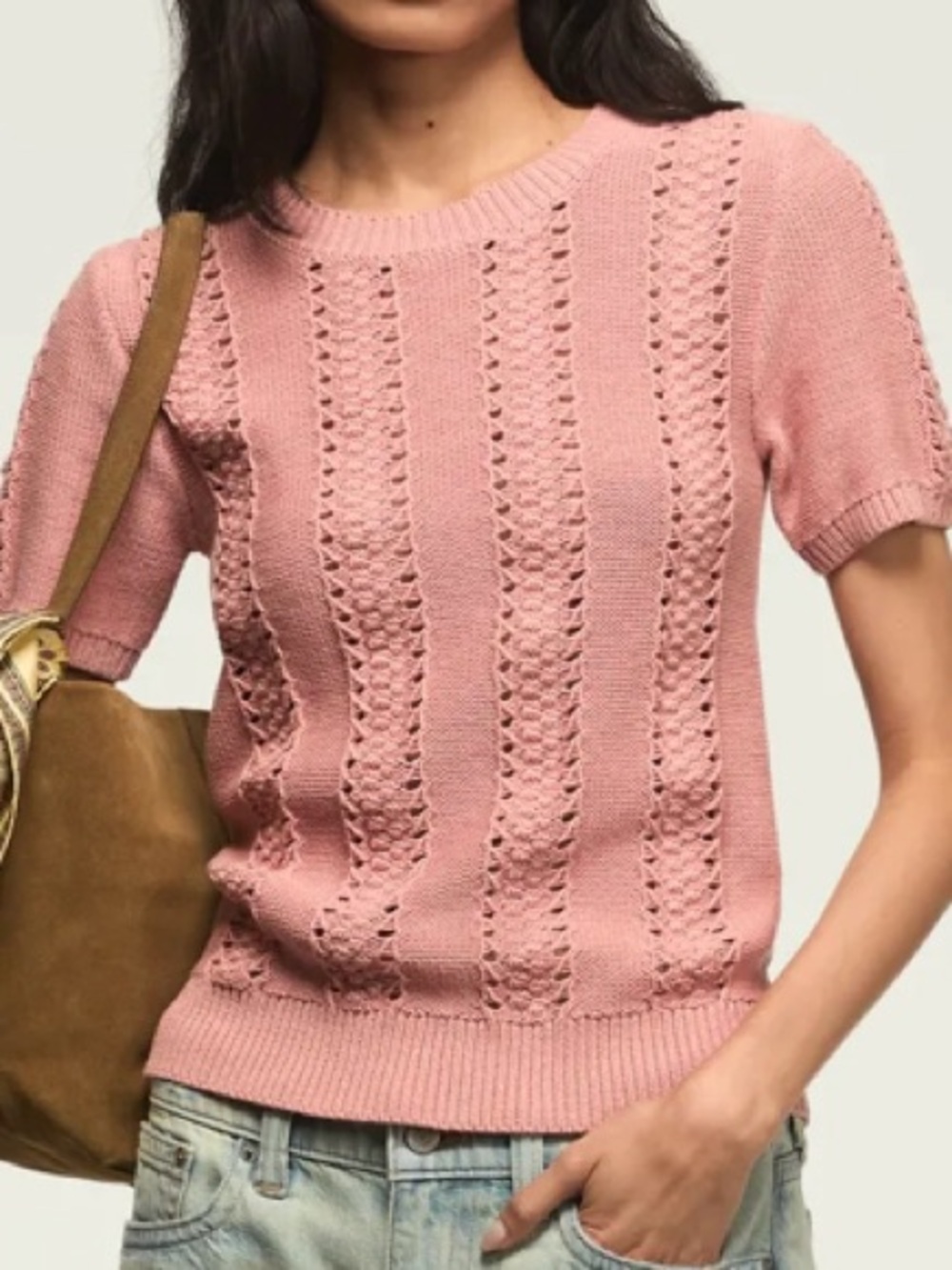 Lucky brand short sleeve vertical open knit stripe cotton sweater in pink size M